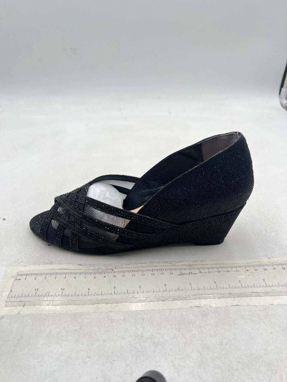 FSJ Black Mesh Peep Toe Pumps Wedge Heel Rhinestone Wedding Bridal Shoes